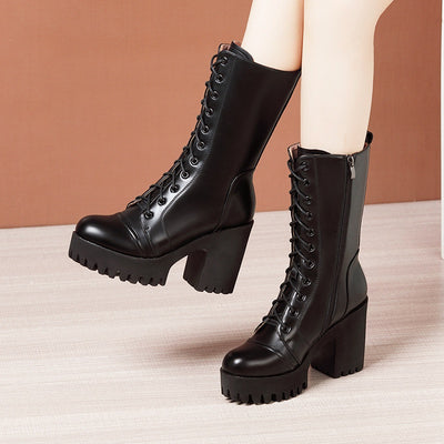 Leather High Heel Mid-calf Boots For Women Lace-up
