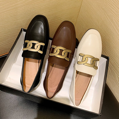 Retro British Style Horsebit Loafer Shoes One-Pedal Small Leather Shoes Women'S Solid Color Flat Shoes