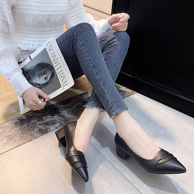 Business heel shoes, soft leather pointed mid-heel shoes, Mary Jane shoes, thick heel work shoes