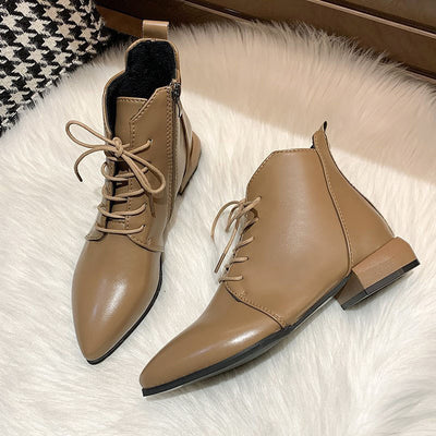 Women's Ankle Boots British Style Thick And Pointed Toe Low Heel Short Boots PU Leather Simple Comfortable