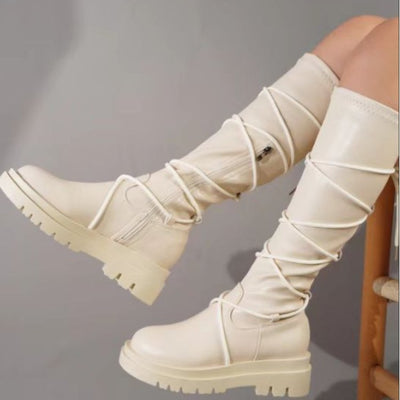 Lace-Up Platform Boots White Long Cowboy Boots Women