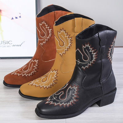 Embroidery Western Boots Chunky Mid Heel Cowboy Boots Women Shoes