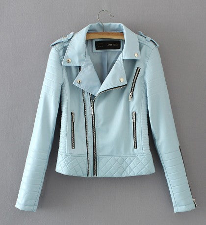 New Fashion Women Spring Autumn Soft Faux Leather Jackets Lady Motorcyle Zippers Biker Blue Coats Black Outerwear Hot Sale