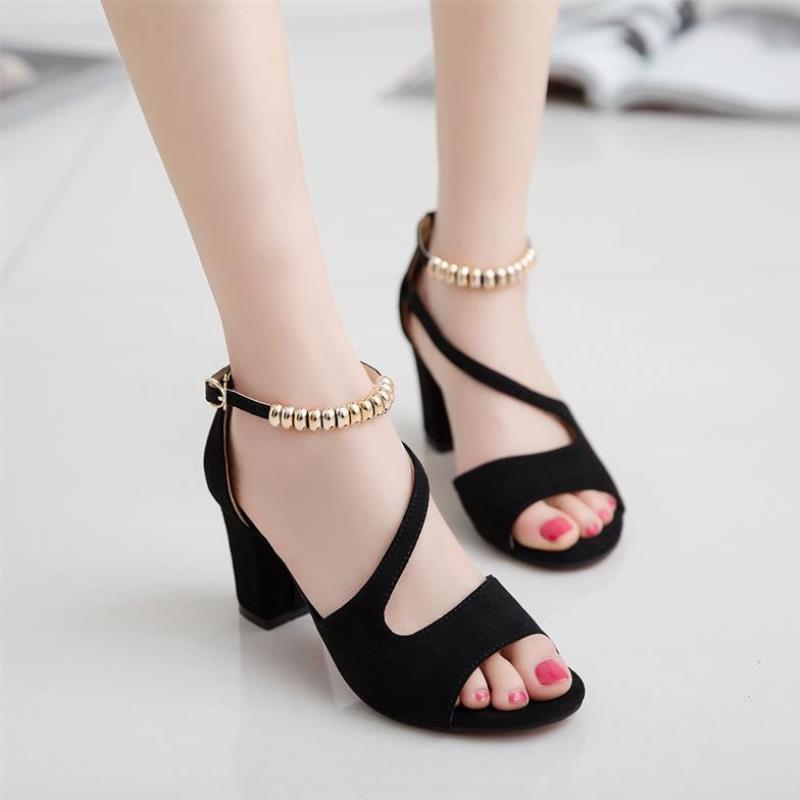 One Word Buckle Mid-Heel Thick Heel High Heels Shoes Back Bag Heel Shoes