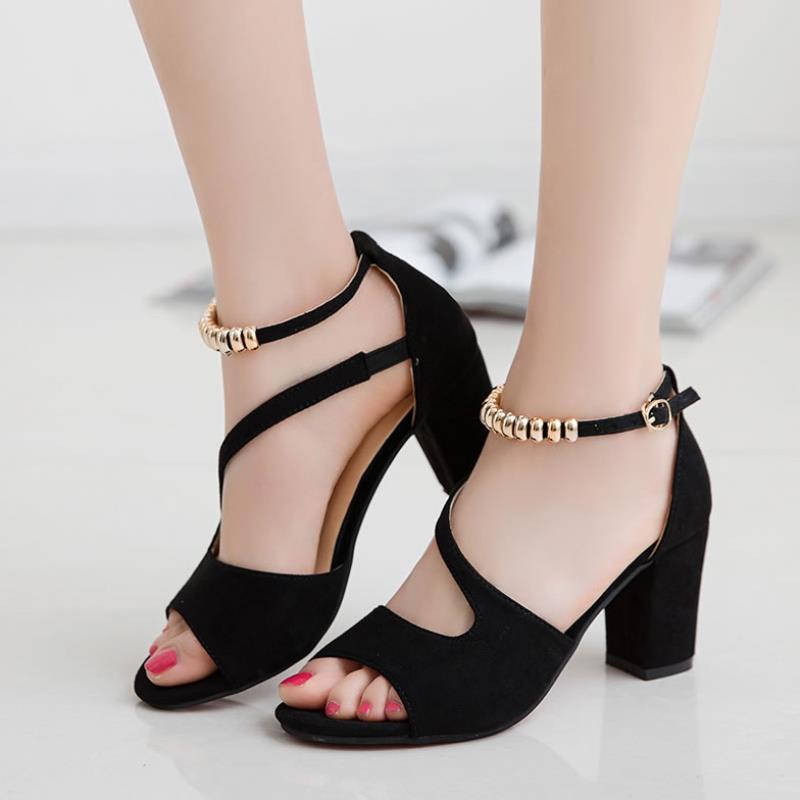 One Word Buckle Mid-Heel Thick Heel High Heels Shoes Back Bag Heel Shoes