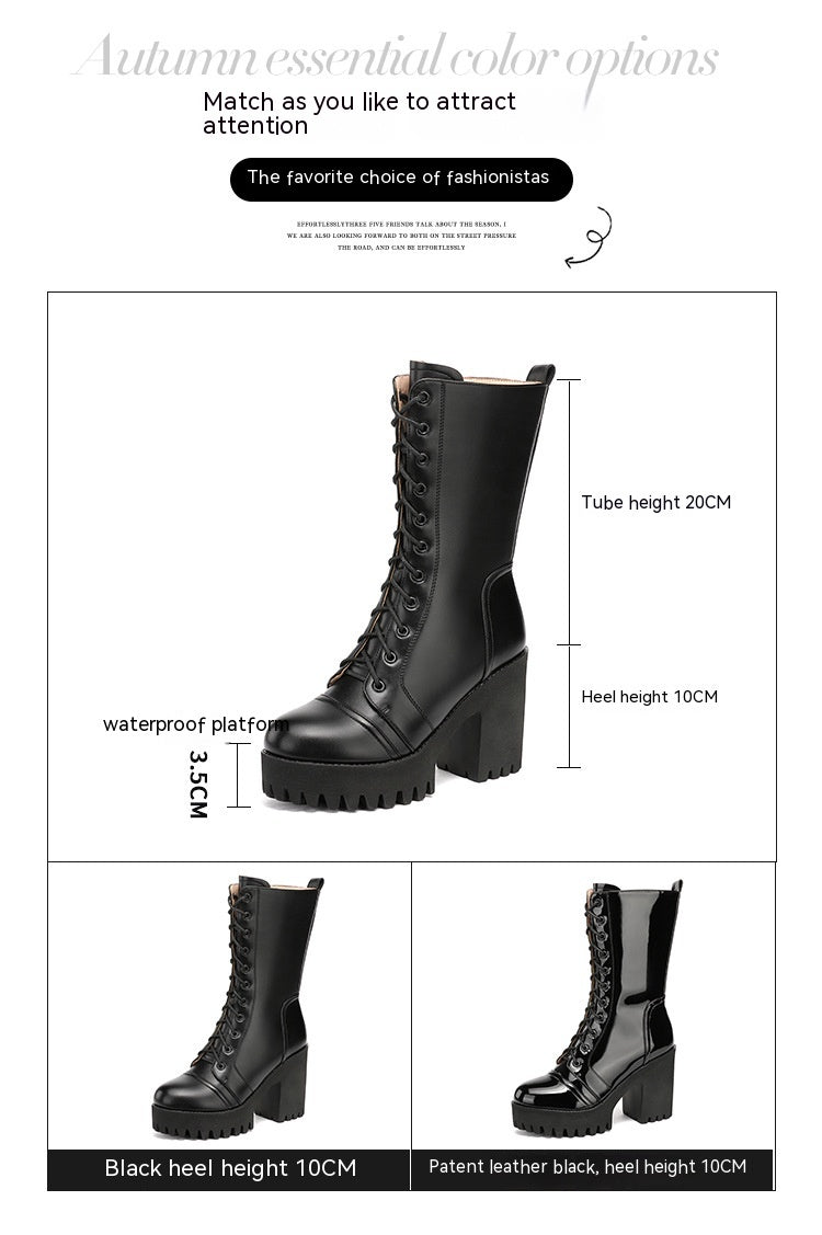 Leather High Heel Mid-calf Boots For Women Lace-up