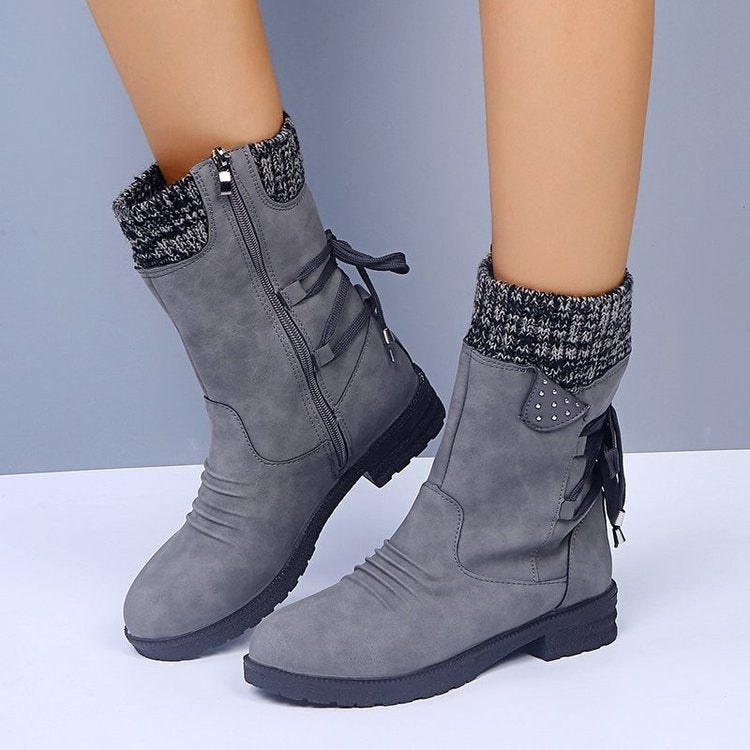 Lace Up Snow Boots Women Winter Cowgirl Shoes