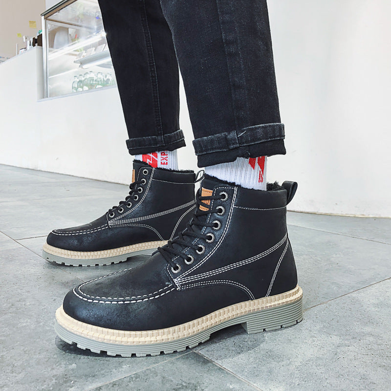 Casual thick-soled lace-up retro work boots men