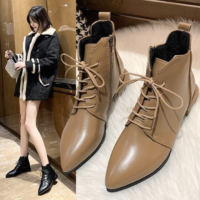 Women's Ankle Boots British Style Thick And Pointed Toe Low Heel Short Boots PU Leather Simple Comfortable