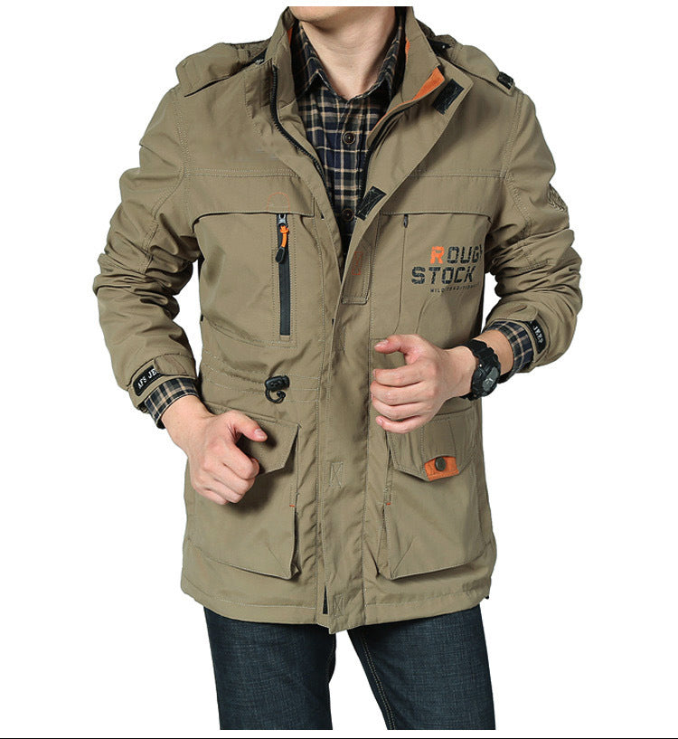 Spring thin Jacket jacket Men's casual outdoor waterproof breathable long hooded stand collar Jackets men 086