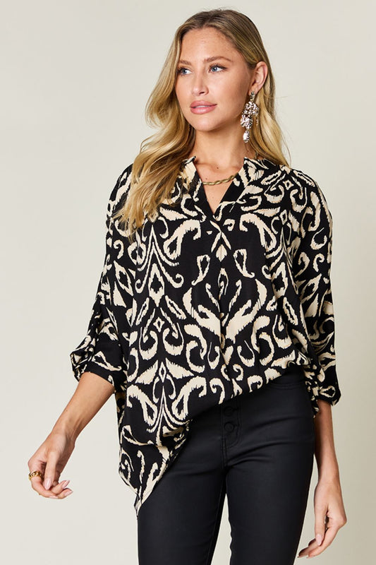 Double Take Full Size Printed Notched Half Sleeve Blouse