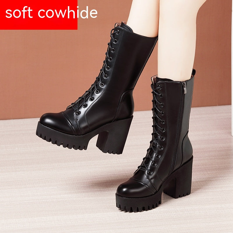 Leather High Heel Mid-calf Boots For Women Lace-up