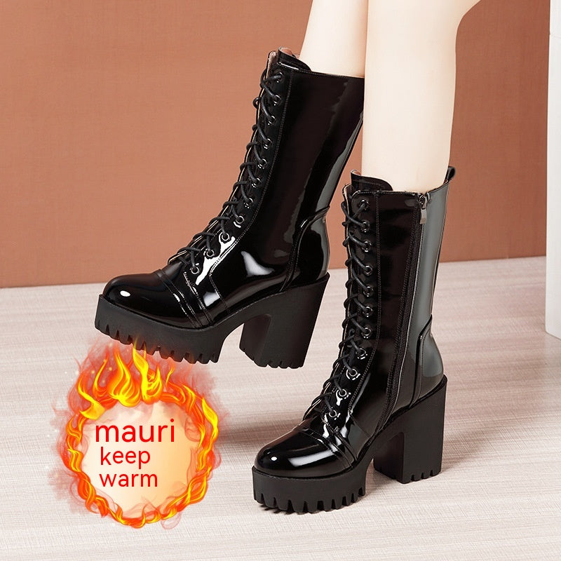 Leather High Heel Mid-calf Boots For Women Lace-up