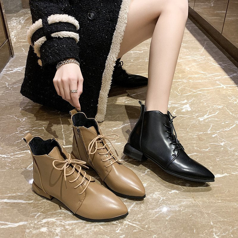 Women's Ankle Boots British Style Thick And Pointed Toe Low Heel Short Boots PU Leather Simple Comfortable