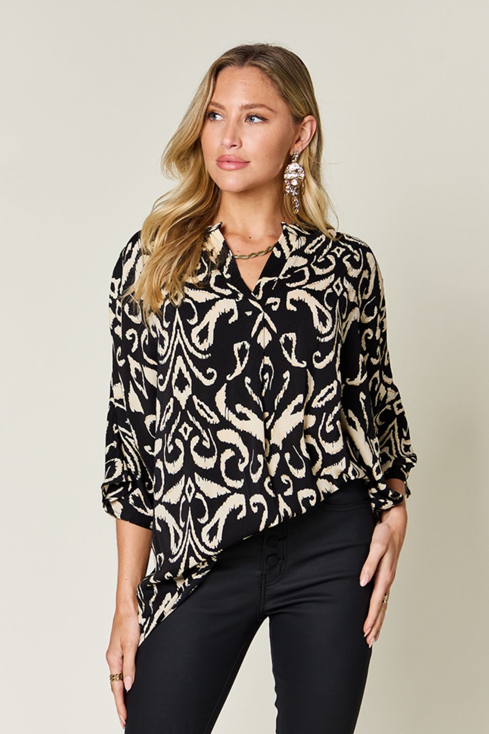 Double Take Full Size Printed Notched Half Sleeve Blouse