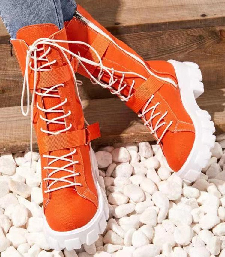 Platform Boots Buckle Lace-up Cowboy Boots Women Shoes