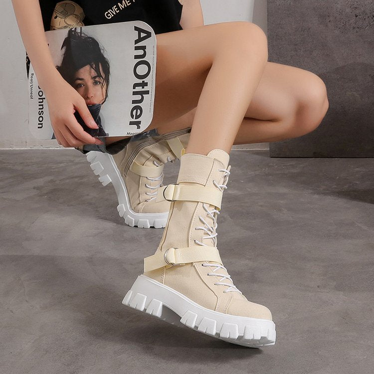 Platform Boots Buckle Lace-up Cowboy Boots Women Shoes