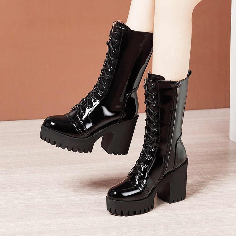 Leather High Heel Mid-calf Boots For Women Lace-up