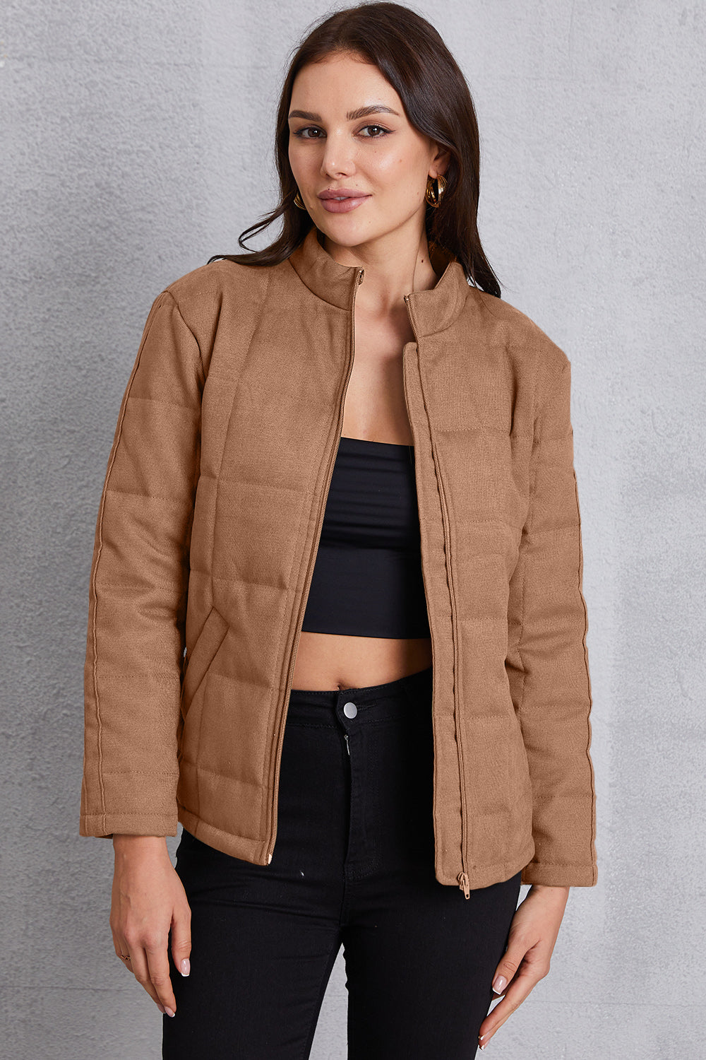 Zip Up Mock Neck Pocketed Jacket