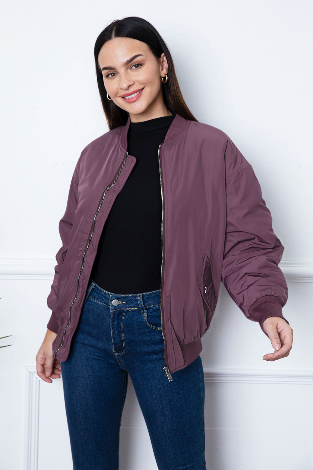 Ruched Zip Up Dropped Shoulder Jacket