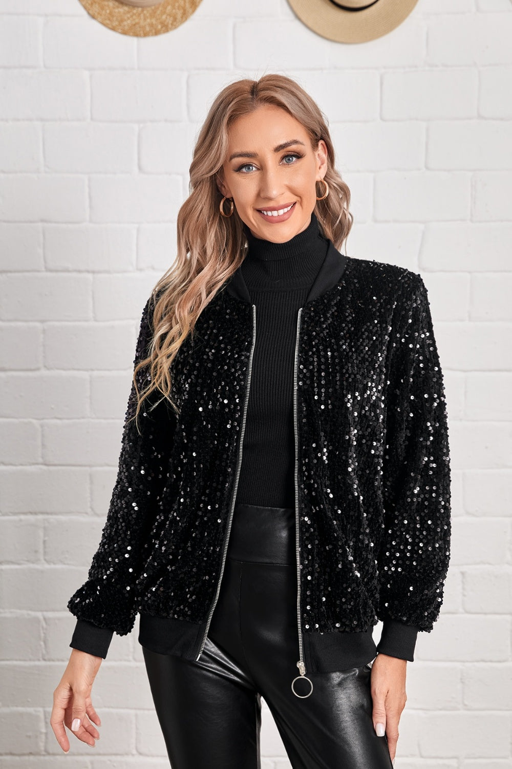 Sequin Baseball Collar Zip Up Jacket