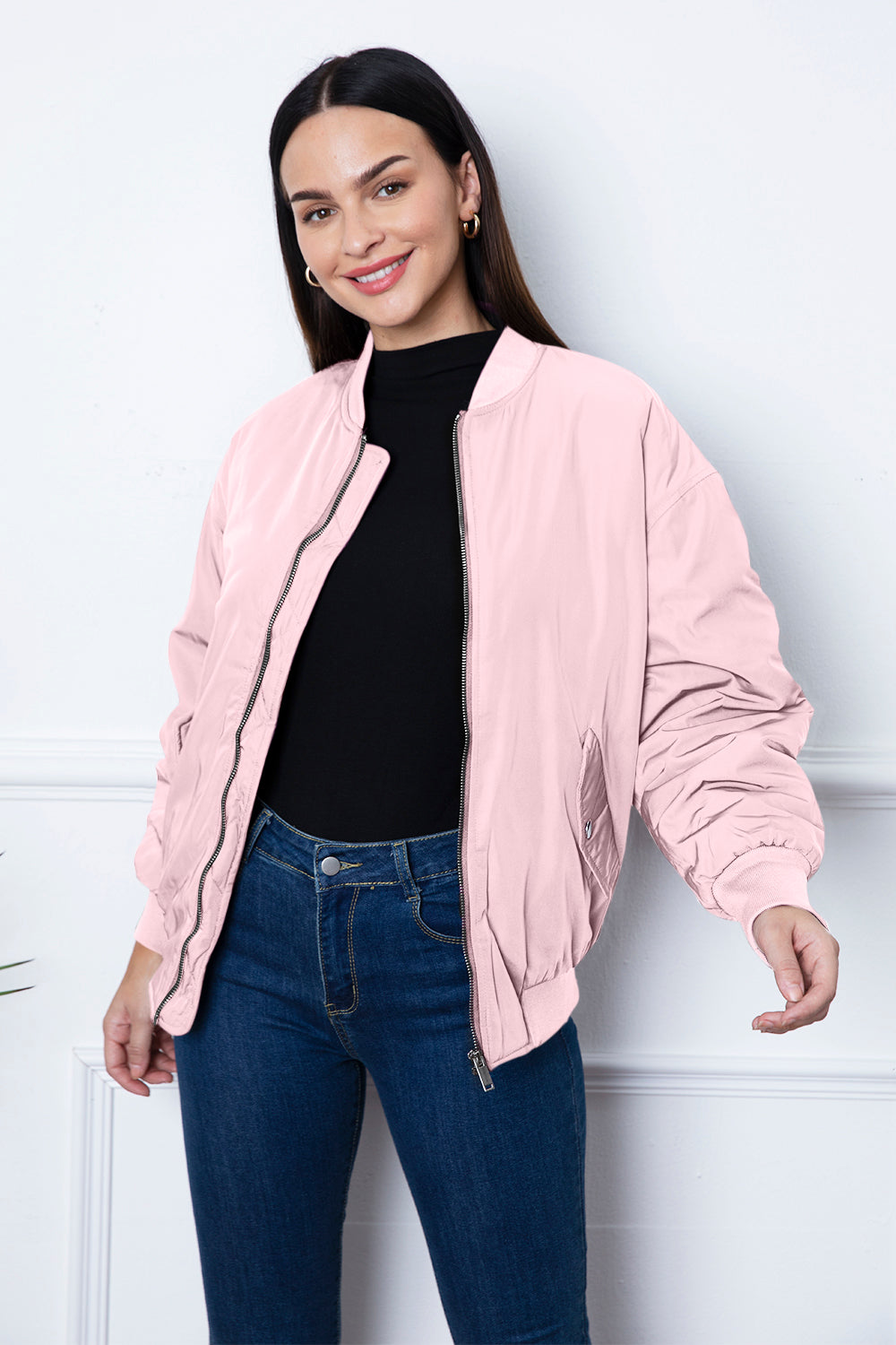 Ruched Zip Up Dropped Shoulder Jacket