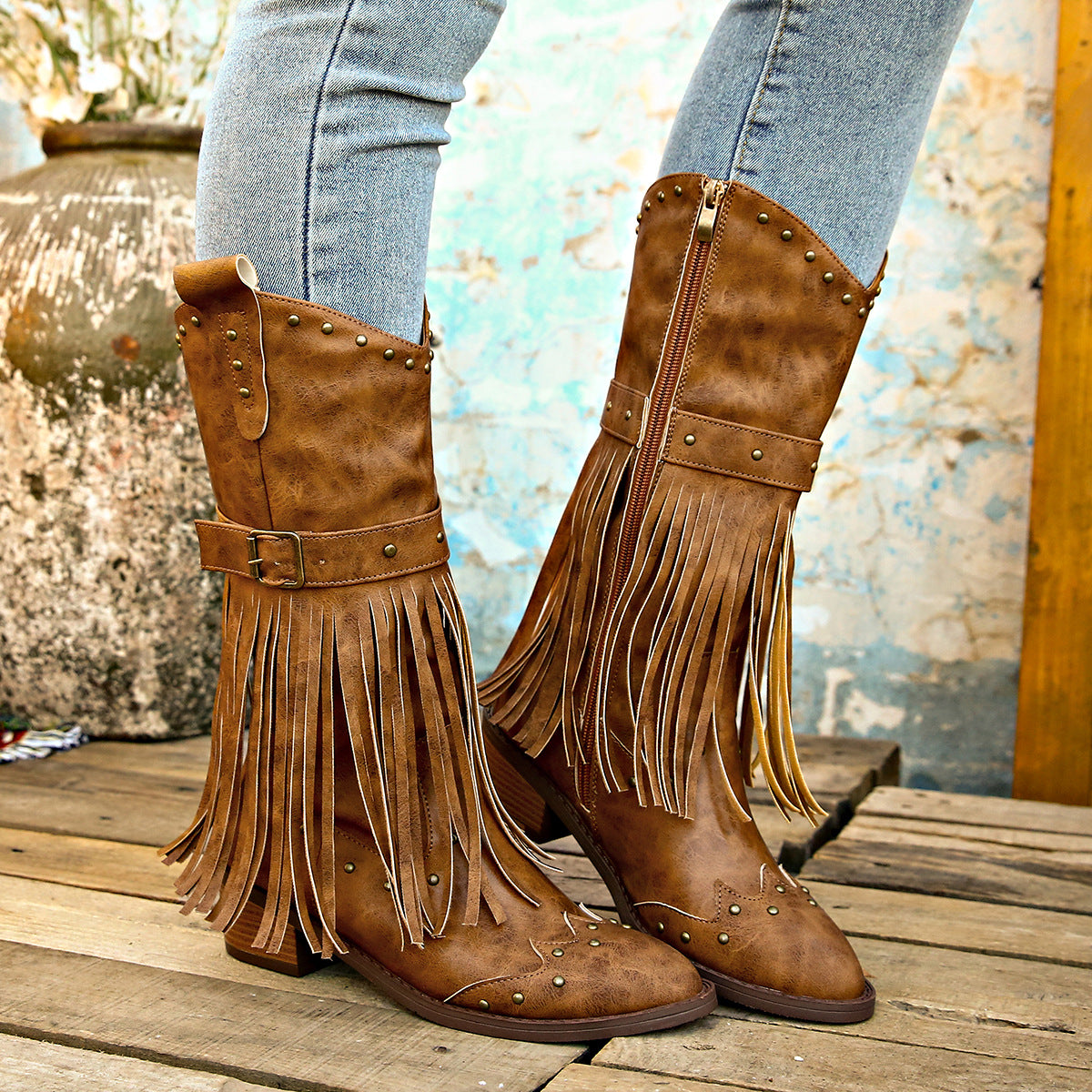 Studded Fringe Block Heel Boots